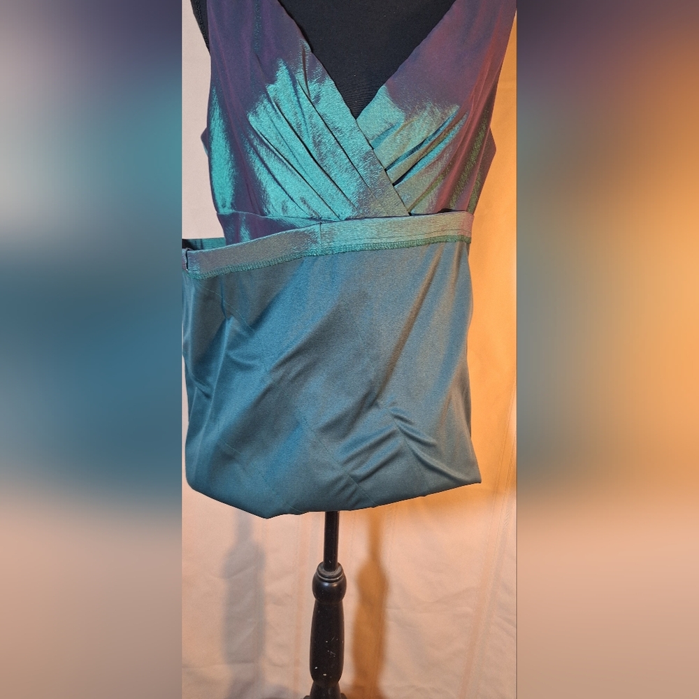 LONDON STYLE Asymmetrical Dress in Shimmering Color Changing Green and Purple - Picture 5 of 7